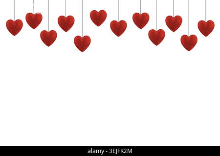 Festive garland made of red glitter hearts hanging on strings isolated on white background, panoramic orientation Stock Photo