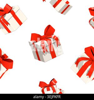 Seamless grid pattern of white 3D gift boxes with red ribbons isolated on white background Stock Photo