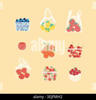 Eco-friendly net bags, canvas totes, and wooden boxes filled with fresh organic food including blueberry, lemon, tomato, apple, orange, cherry and str Stock Vector