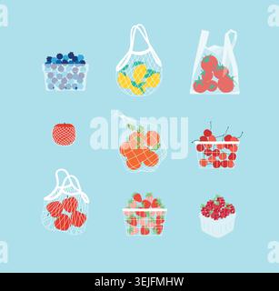 Eco-friendly net bags, canvas totes, and wooden boxes filled with fresh organic food including blueberry, lemon, tomato, apple, orange, cherry and str Stock Vector