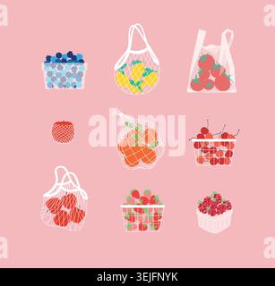 Eco-friendly net bags, canvas totes, and wooden boxes filled with fresh organic food including blueberry, lemon, tomato, apple, orange, cherry and str Stock Vector
