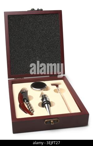 Wine accessories in wooden box Stock Photo