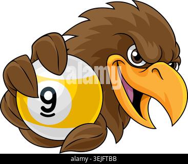 An eagle, falcon, hawk, osprey or other bird of prey billiards or pool sports team mascot cartoon character holding a nine 9 ball. Stock Vector