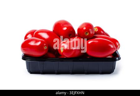 Plum-shaped tomatoes, fresh, in a black plastic container, on a white background, isolate, Stock Photo