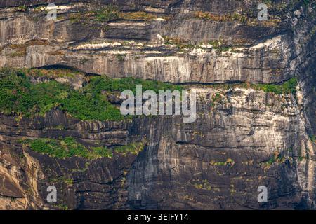Layered Volcanic Cliff Texture with Green Vegetation Stock Photo