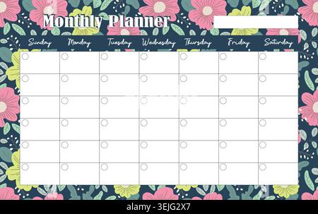 Monthly planner template on a colorful flower background. Vector design. Stock Vector
