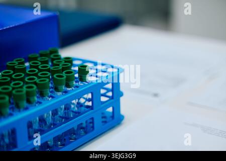 Laboratory setup with test tubes in a blue rack on a table during a scientific investigation Stock Photo