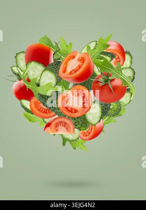 Bright fresh vegetables as heart shape. Salad ingredients - green chinese cabbage, tomatoes, cucumber, leafy greens fly on green Stock Photo