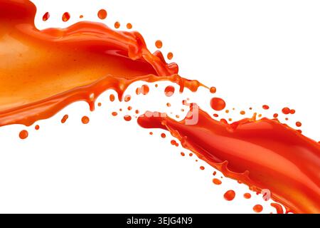 Flows of fresh red tomato juice with connect, dynamic splashes, flying drops, isolated on white background. Healthy organic drin Stock Photo