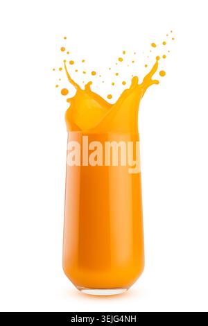 Fresh carrot or mango juice with dynamic splashes, flying drops in glass, closeup, isolated on white background. Healthy organic Stock Photo