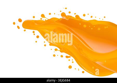 Flow of fresh orange color carrot or mango juice with dynamic splashes, flying drops, isolated on white background. Healthy orga Stock Photo
