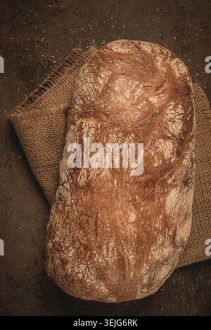 Fresh whole grain bread, rye, top view, without people, Stock Photo