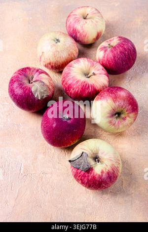 Apples scattered on the table, selective focus, yellow - red, summer variety, early, no people, Stock Photo