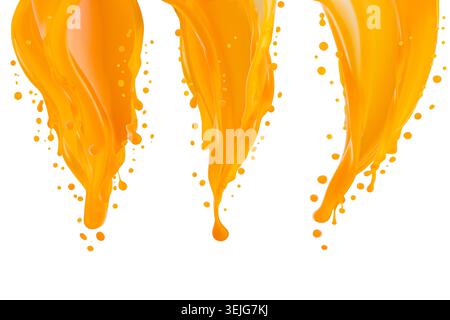 Flows of fresh orange carrot or mango juice with dynamic splashes, flying drops, isolated. Set of three streams. Healthy organic Stock Photo