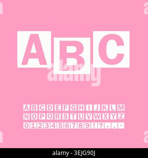 A set of letters and numbers cut out of the white square on pink background. Vector design. Stock Vector