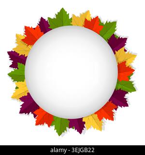 Colorful maple leaves round frame with white circle in the middle. Autumn decoration. Vector design. Stock Vector