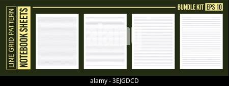 Set of striped notepaper templates. Realistic notebook book page collection. Sheet paper mockup vector bundle kit. Vector paper stripe editable line p Stock Vector