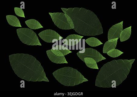 Collection of green leaves with fingerprint lines on black background Stock Vector
