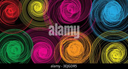 Vibrant colorful swirling circles on black background art Stock Vector