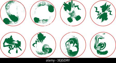 Green brush stroke icons in red circles on white background Stock Vector