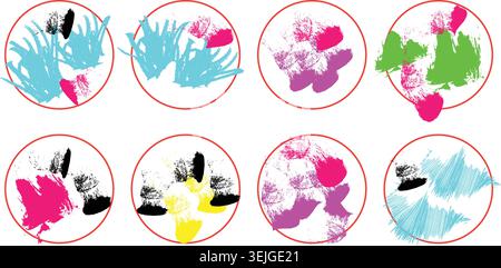 Vibrant colorful brush strokes in red circles on white background Stock Vector