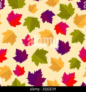 Autumn leaves seamless pattern, colorful maple leaves on the yellow background. Vector design. Stock Vector