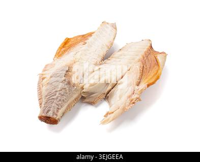 Smoked Fish Isolated, Blue Warehou Fillet, Seriolella Brama or Common Warehou, Subspecies of Tuna, Hot Smoked Fish Meat Pieces on White Background Stock Photo