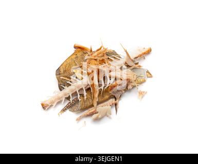 Smoked Fish Skin Pile, Seafood Skin and Bones Isolated, Cleaning Fish Waste, Animal Dump Garbage Pieces on White Background Stock Photo