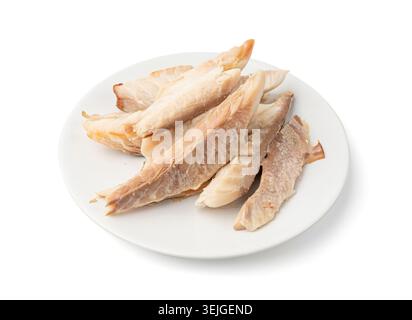 Smoked Fish Meat Isolated, Diet Blue Warehou Fillet, Seriolella Brama or Common Warehou, Subspecies of Tuna, Hot Smoked Fish Meat Pieces on White Back Stock Photo