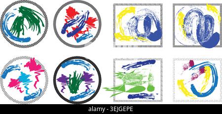 Vibrant abstract art stickers with colorful brush strokes on white background Stock Vector