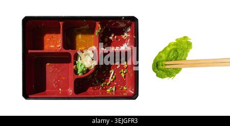 Dirty Bento Box Isolated, Sushi Box on White, Empty Bowl after Sushi Dinner, Finished Asian Lunch, Salad, Rice and Wasabi Sauce in Red Container Top V Stock Photo