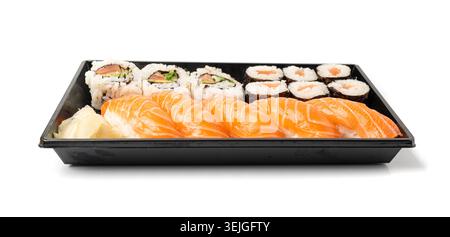 Sushi Set in Plastic Container, Take Away Salmon Susi Rolls Lunch Box, Nori Maki, Nigiri Sushi Roll Isolated on White Background Stock Photo