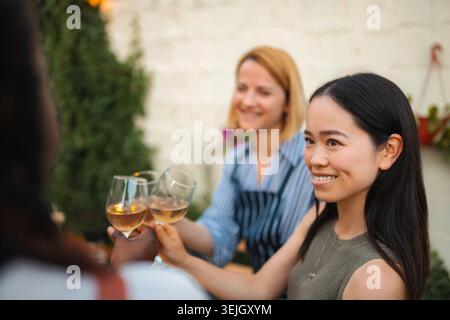 Multi ethnic women friends toasting with rose wine Stock Photo