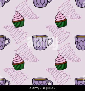 Seamless vector pattern of purple coffee cups and pink frosted cupcakes on a light purple background with abstract scribbles Stock Vector