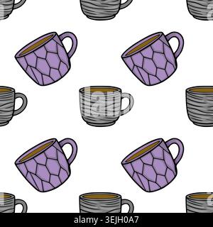 Seamless vector pattern of cute coffee cups, purple and grey ceramic mugs with brown liquid, isolated on white background. Stock Vector