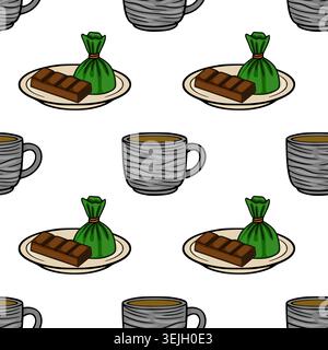 Seamless vector pattern of coffee cups with chocolate and green candy on plates Stock Vector