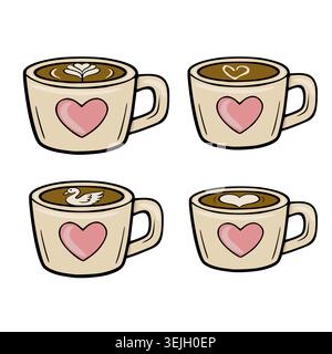 Set of four cute vector coffee cups with latte art and heart designs, isolated illustration Stock Vector