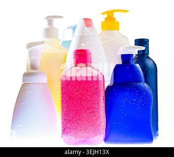 Plastic containers with different body care products. Stock Photo