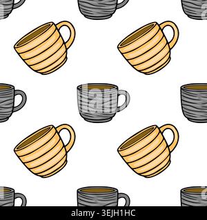 Seamless vector pattern of ribbed coffee mugs, warm yellow and cool grey, isolated on white Stock Vector
