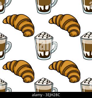 Seamless vector pattern of delicious croissants and whipped cream coffee drinks Stock Vector