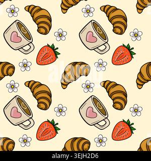 Seamless vector pattern of warm croissants, juicy strawberries, and coffee cups with hearts, delicate white flowers on a soft yellow background Stock Vector