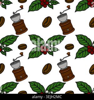 Seamless vector pattern of vintage coffee grinders, coffee beans, and coffee plant branches with red berries and white flowers on a white background. Stock Vector