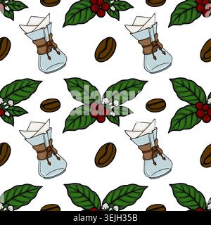 Seamless vector pattern of coffee beans, coffee cherries on branches, and Chemex pour-over coffee makers. Stock Vector