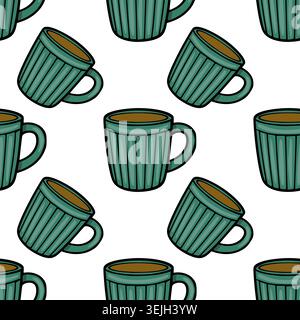 Seamless vector pattern of teal ribbed coffee mugs filled with brown liquid, isolated on white background. Stock Vector