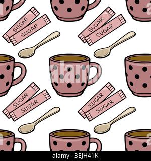 Seamless vector pattern of polka dot coffee cups with sugar packets and spoons Stock Vector