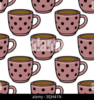 Seamless vector pattern of cute pink polka dot coffee cups filled with brown coffee Stock Vector