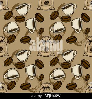 Seamless coffee beans and cups vector pattern with burlap bags Stock Vector