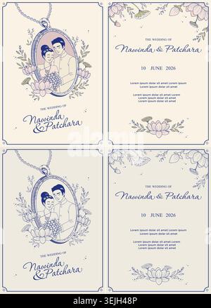 Thai wedding invitation card with elegant pen sketch style Stock Vector