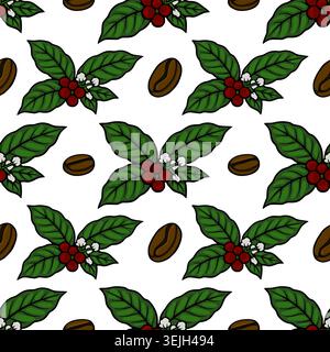 Seamless vector pattern of coffee branches with red berries and beans, illustration Stock Vector
