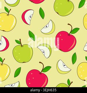 Apple seamless pattern on yellow background, colorful fruits and leaves. Vector design. Stock Vector